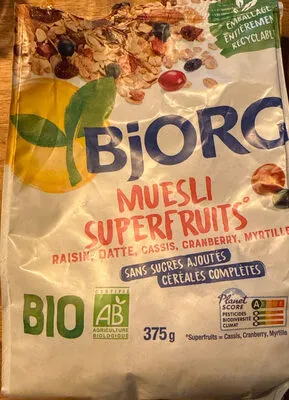 Bjorg Muesli Superfruits Raisins, Cassis, Cranberry, Myrtille